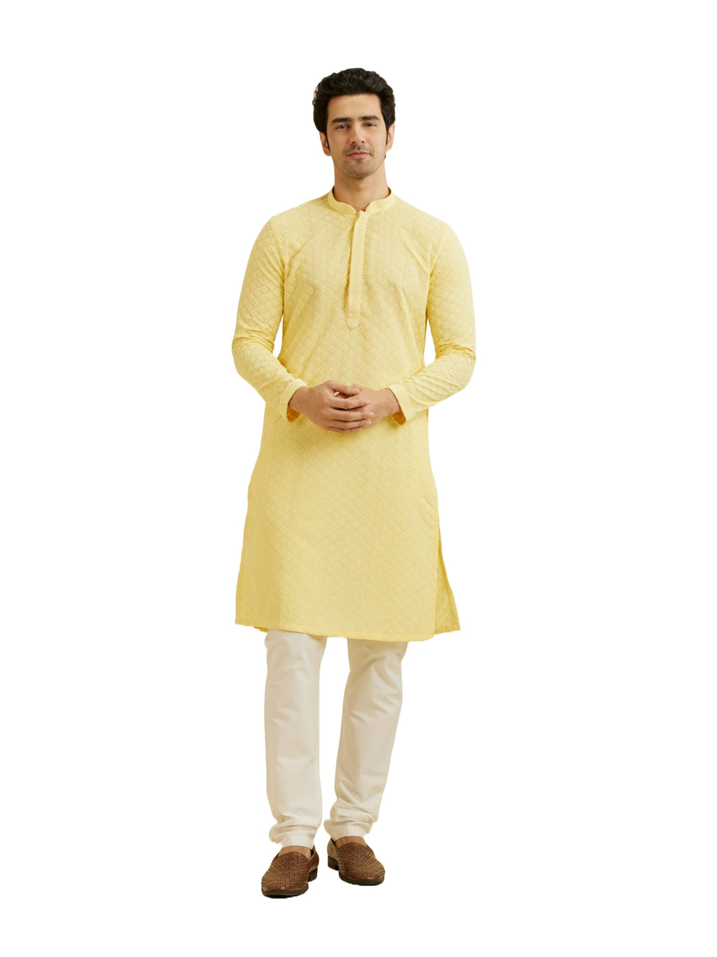 Manyavar MenS Kurta Set, Blended Viscose Mandarin Collar Full Sleeve Kurte Set For Men Yellow (X-Large)