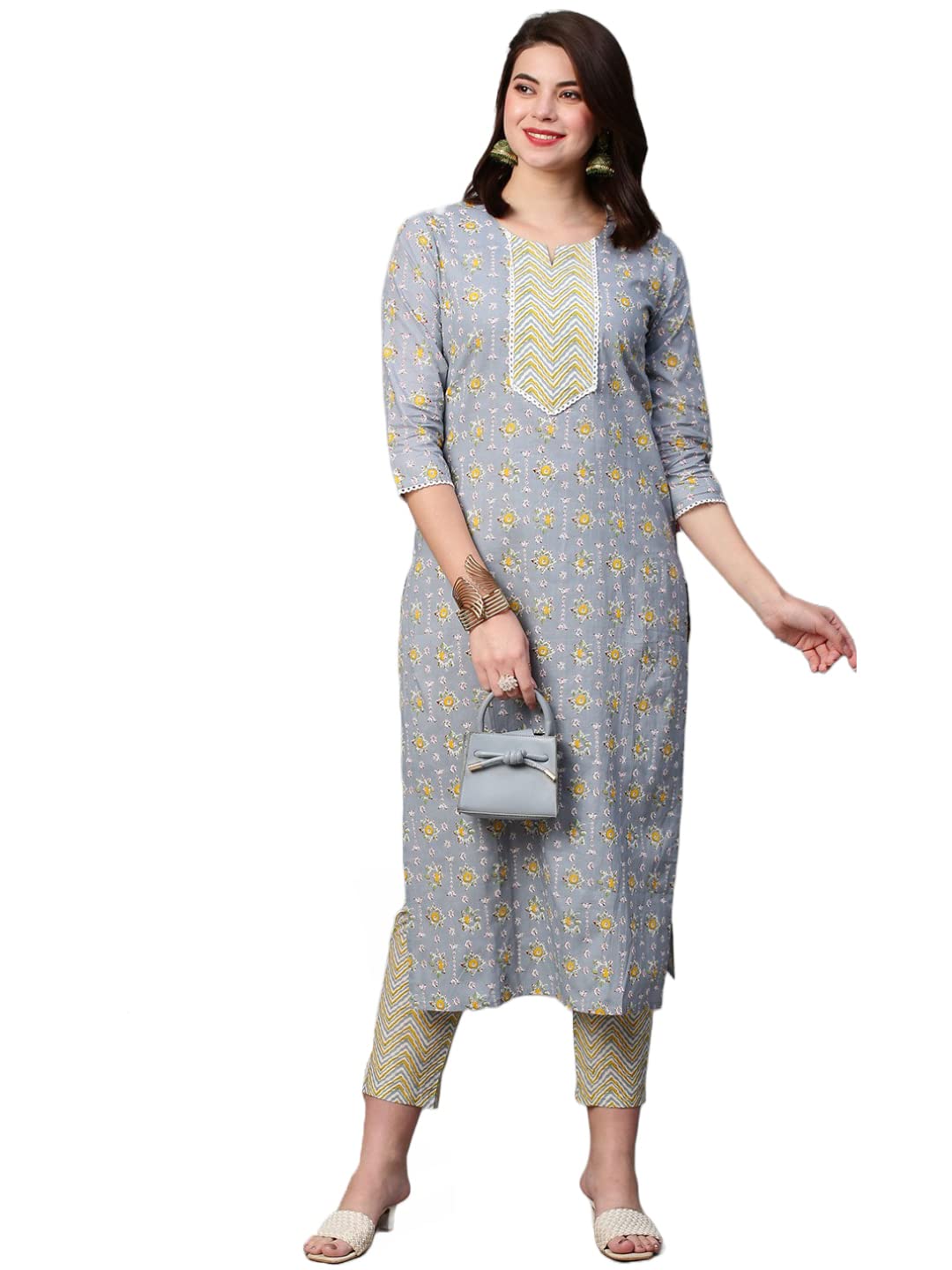 Gosriki Women'S Cotton Blend Traditional Straight Printed Kurta With Pant Set (Mikaa Grey-Fbf001-Gs_Xl_Grey_X-Large)