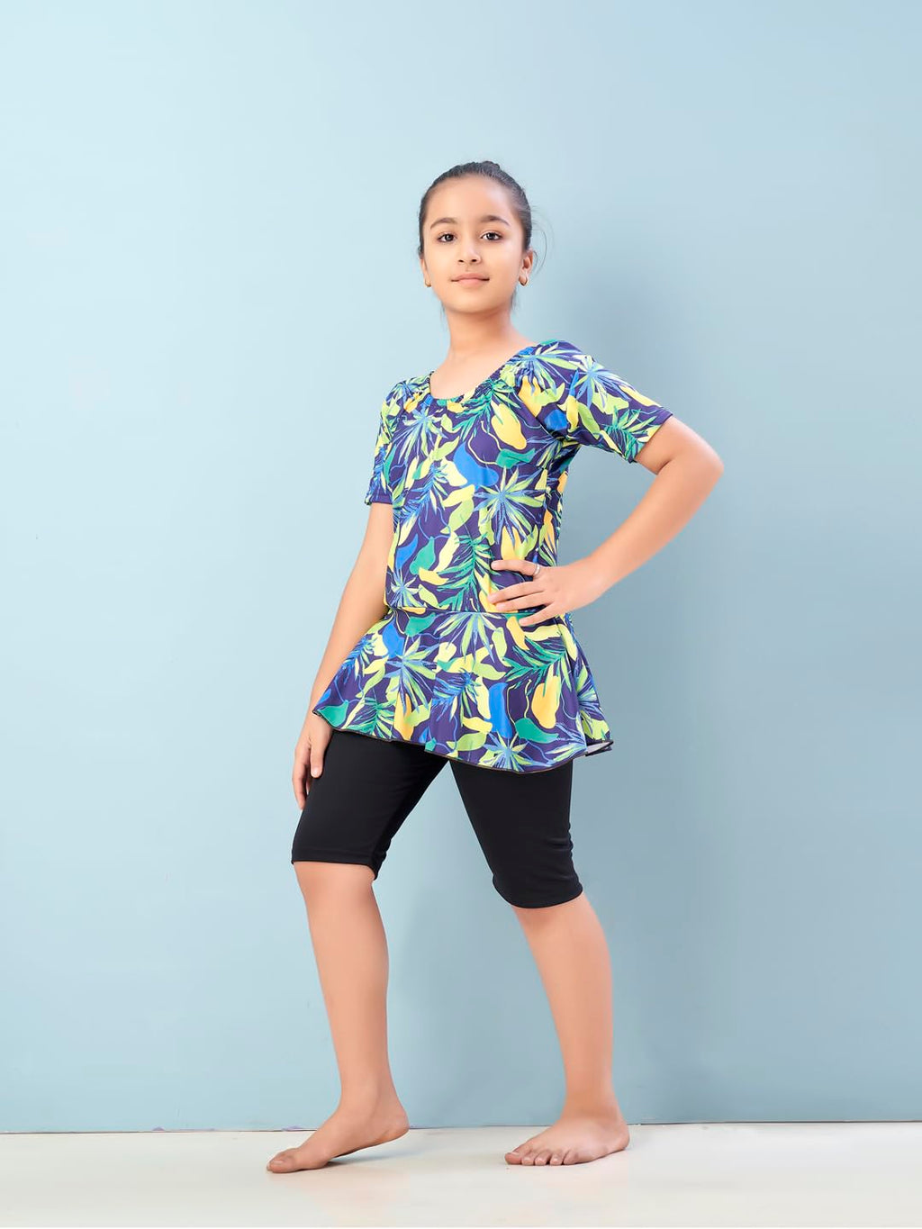 Aarika Girls Sports Wear Yellow Black Colour Floral Print Nylon Swim Suit (5-15 Years)-(SW-SHM-CA-1114)