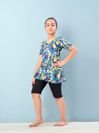 Aarika Girls Sports Wear Yellow Black Colour Floral Print Nylon Swim Suit (5-15 Years)-(SW-SHM-CA-1114)
