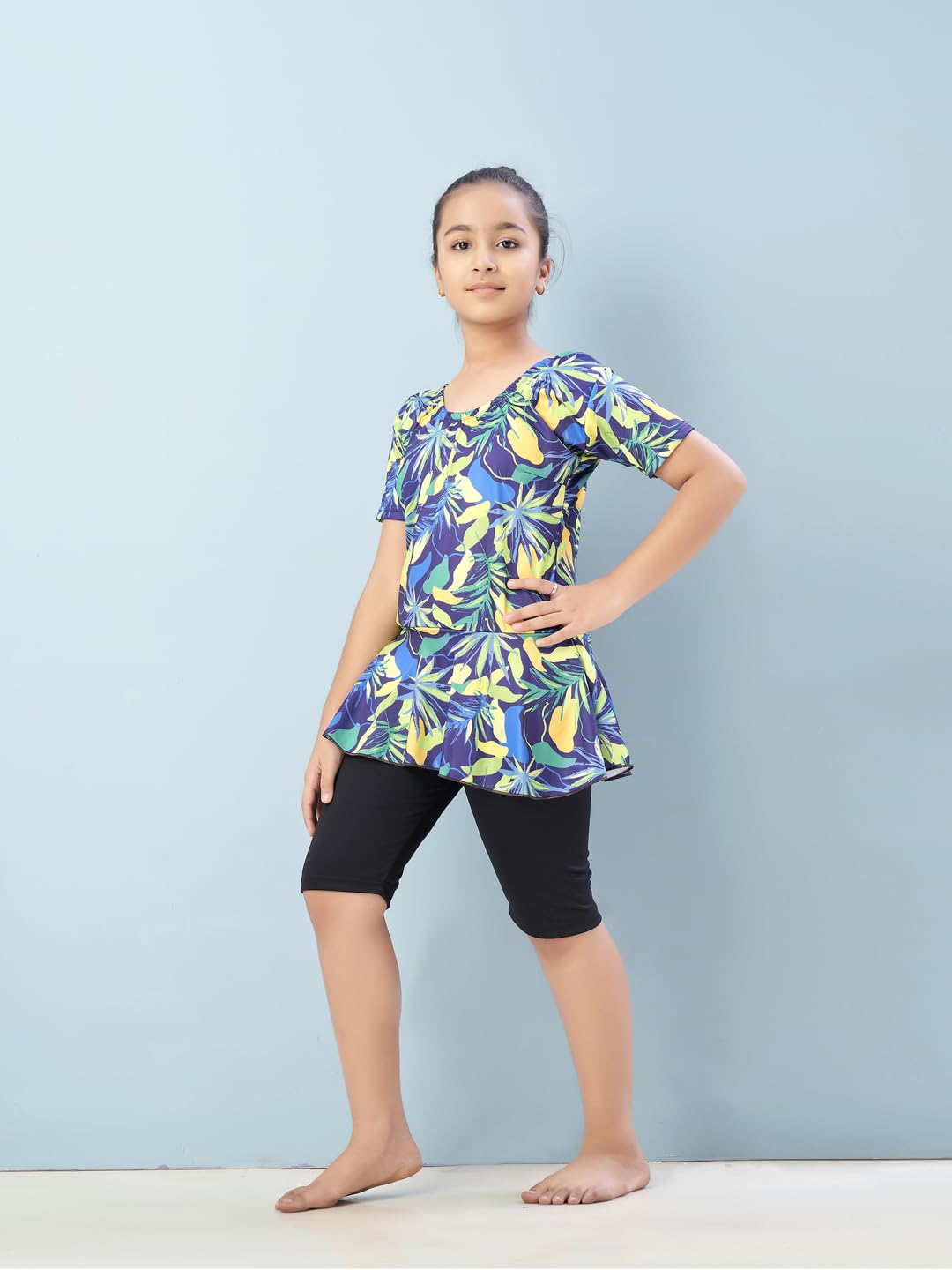 Aarika Girls Sports Wear Yellow Black Colour Floral Print Nylon Swim Suit (5-15 Years)-(SW-SHM-CA-1114)