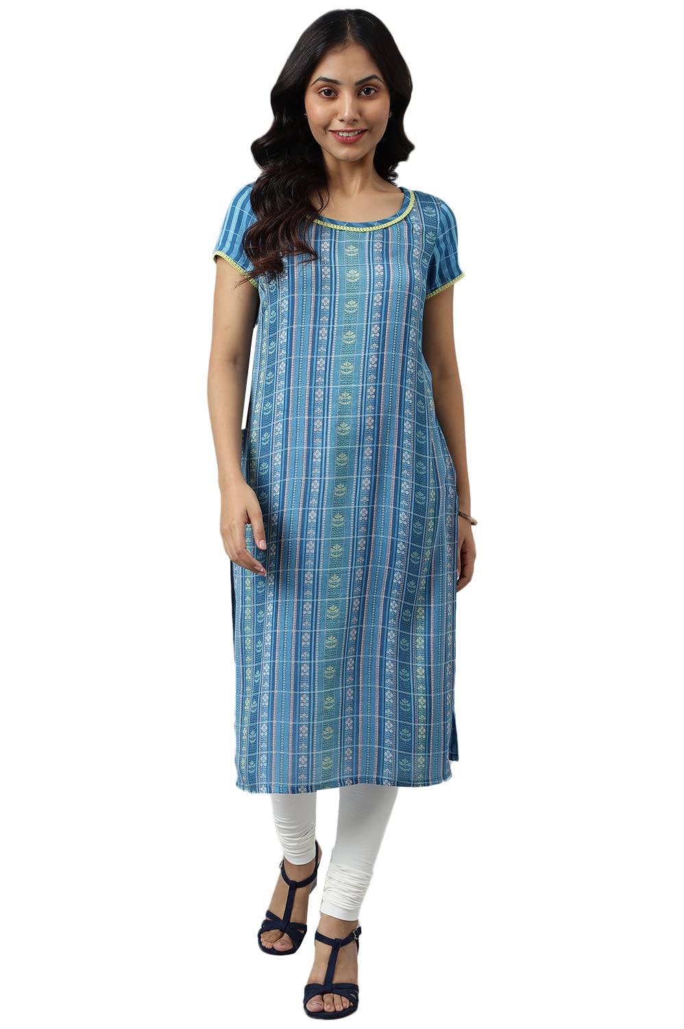 Aurelia Women Seaport Dobby Floral Yarn Dyed Straight Kurta_22Aua13363Ss-702580_Xxl