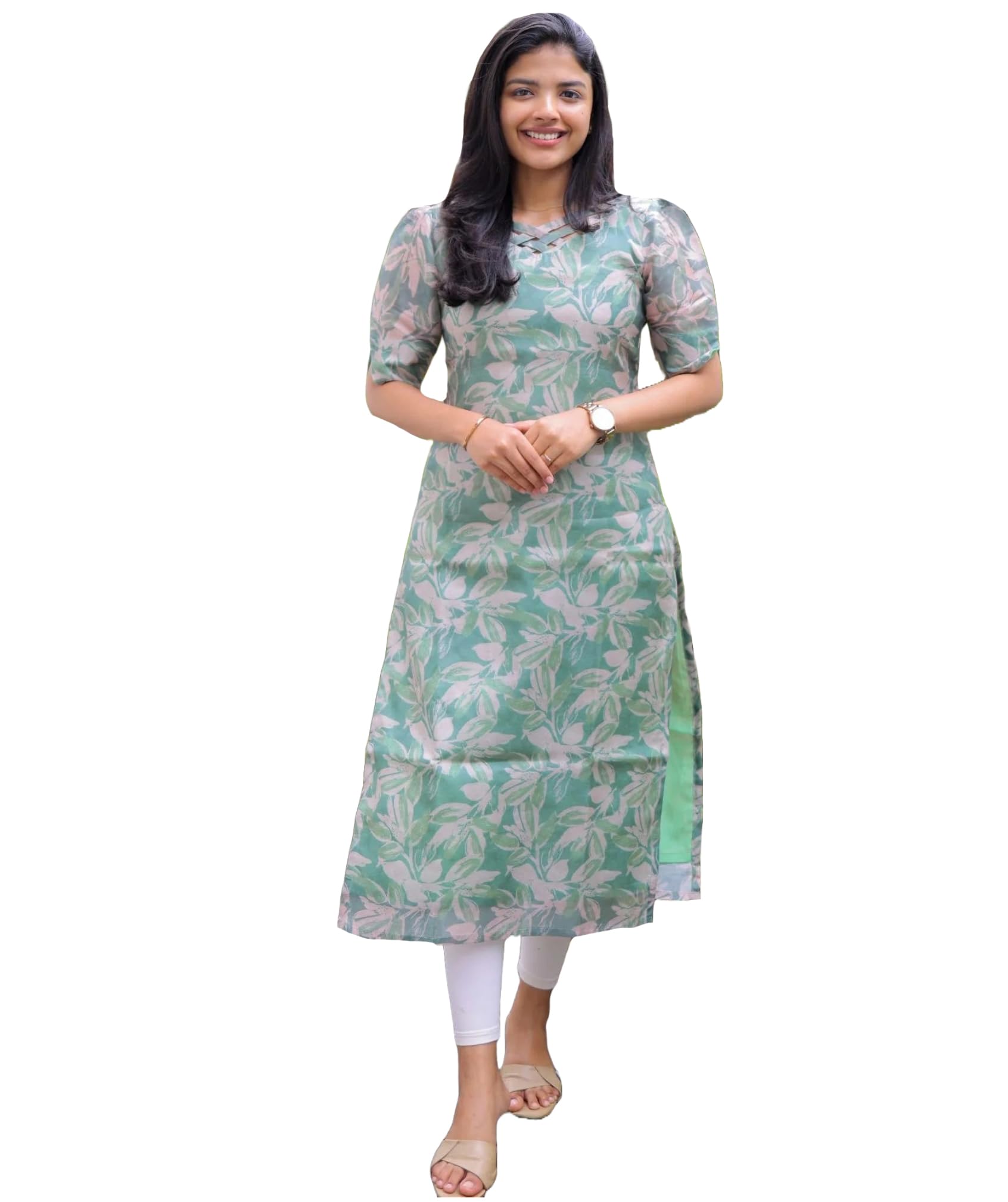 ANNI DESIGNER Womens Viscose Chanderi Floral Straight Kurta (Godavari-CLRS_Green_Small)