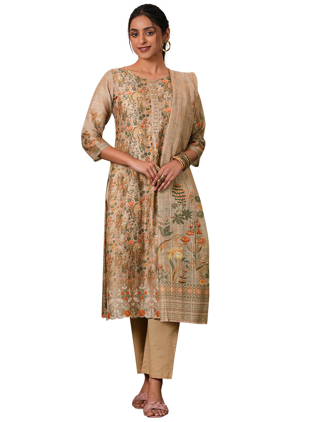 Libas Taupe Printed Chanderi Silk Straight Kurta set for Women (27184RS)