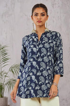 Soch Womens Blue Rayon Tunic with Floral and Paisley Print