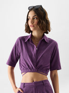 The Souled Store Solids: Plum Women and Girls Short Sleeve Button Down Cropped Shirts