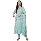 Anubhutee Women'S Cotton Blue Floral Printed A-Line Kurta Suit Set With Pants And Dupatta