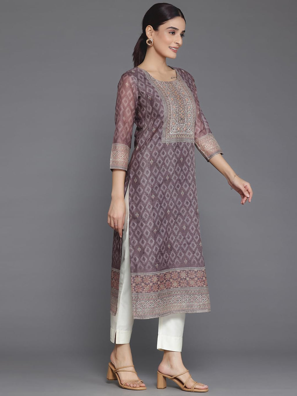 Libas Brown Embellished Chanderi Silk Straight Kurta