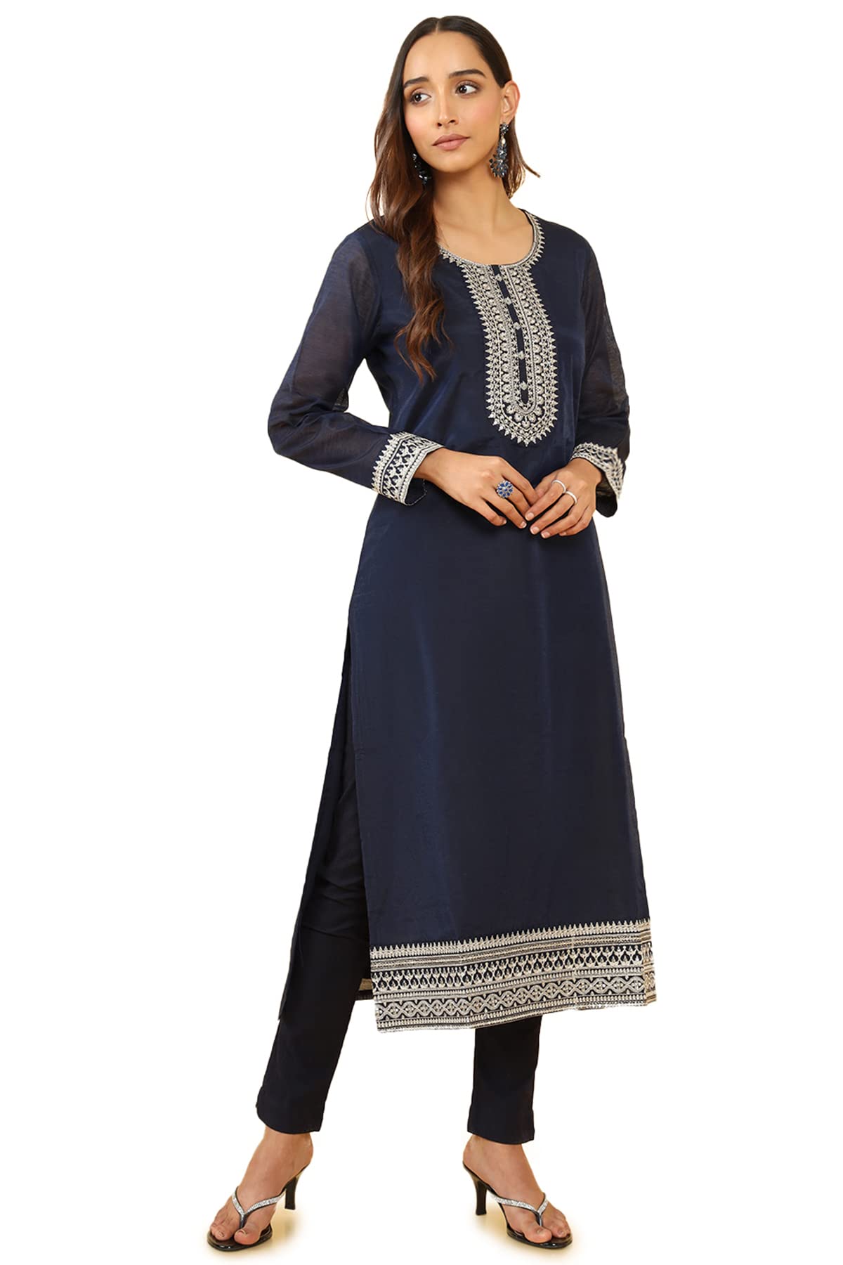 Soch Women Dark Blue Chanderi Embroidered Kurta