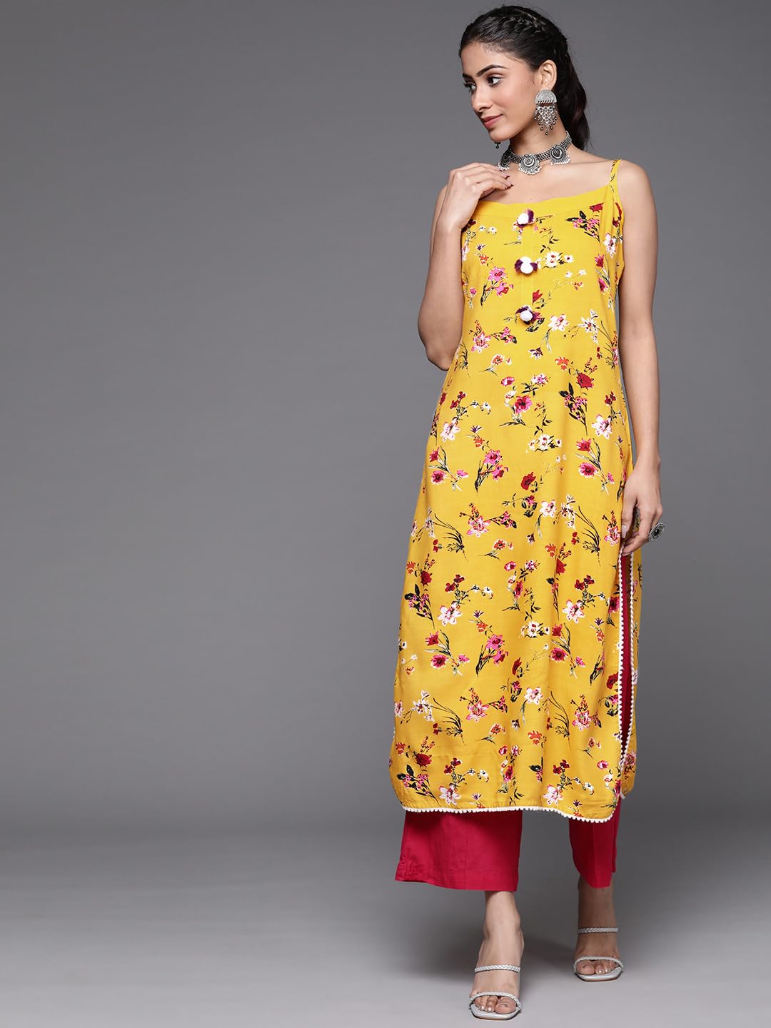 Varanga Mustard And Pink Printed Strap Kurta