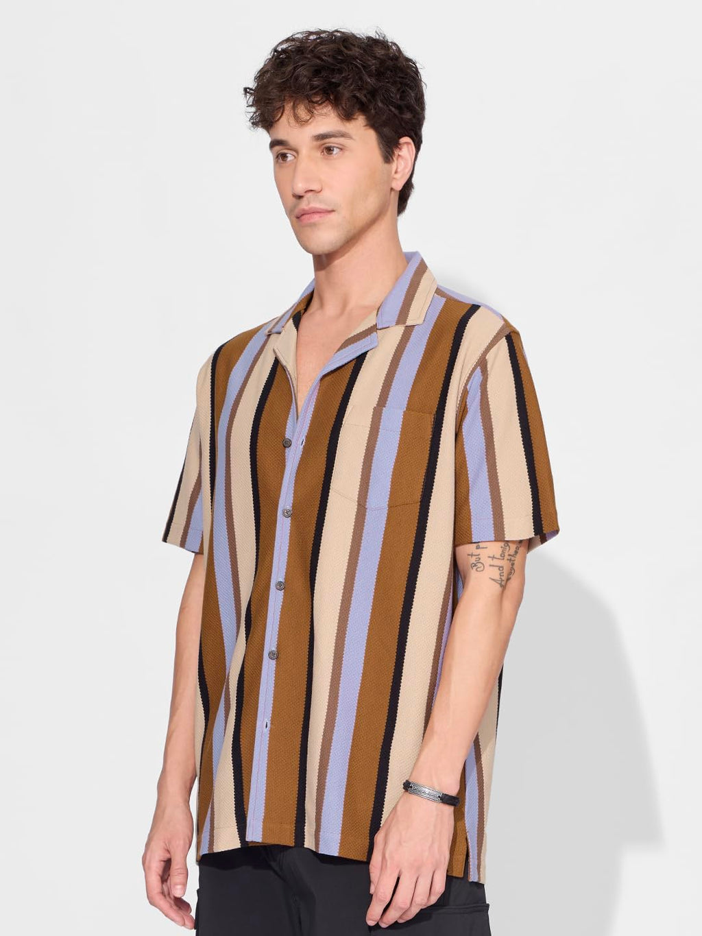 The Souled Store Stripes: Rust, Purple, Yellow Men and Boys Short Sleeves Collared Neck Button Front Cotton Blend Knit Shirts