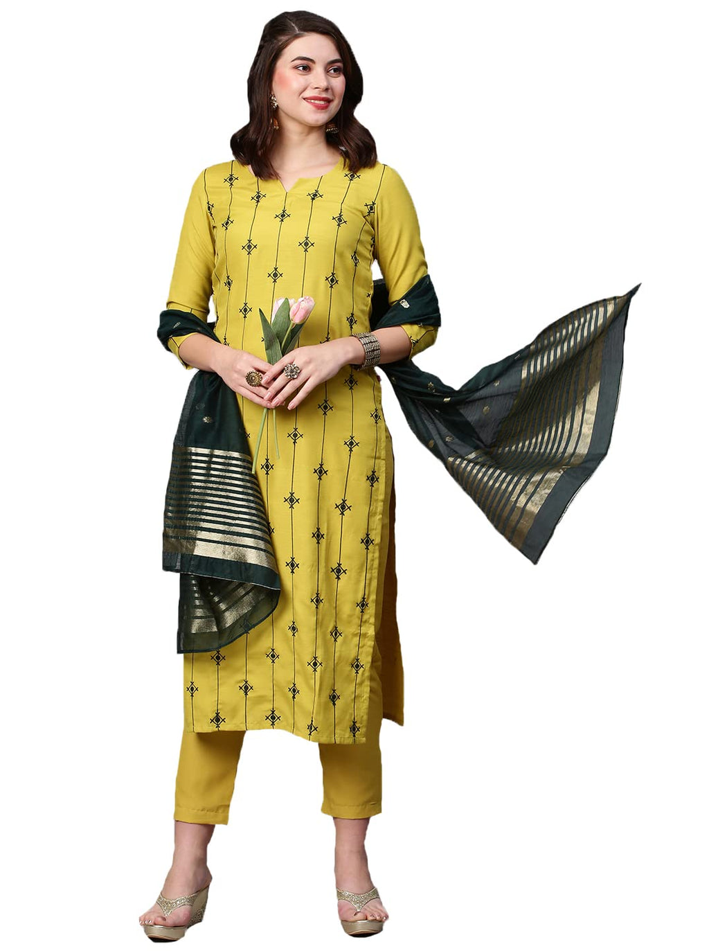 ANNI DESIGNER Women's Cotton Blend Embroidered Straight Kurta with Pant & Dupatta (WORO-Mustard_XL_Mustard_X-Large)