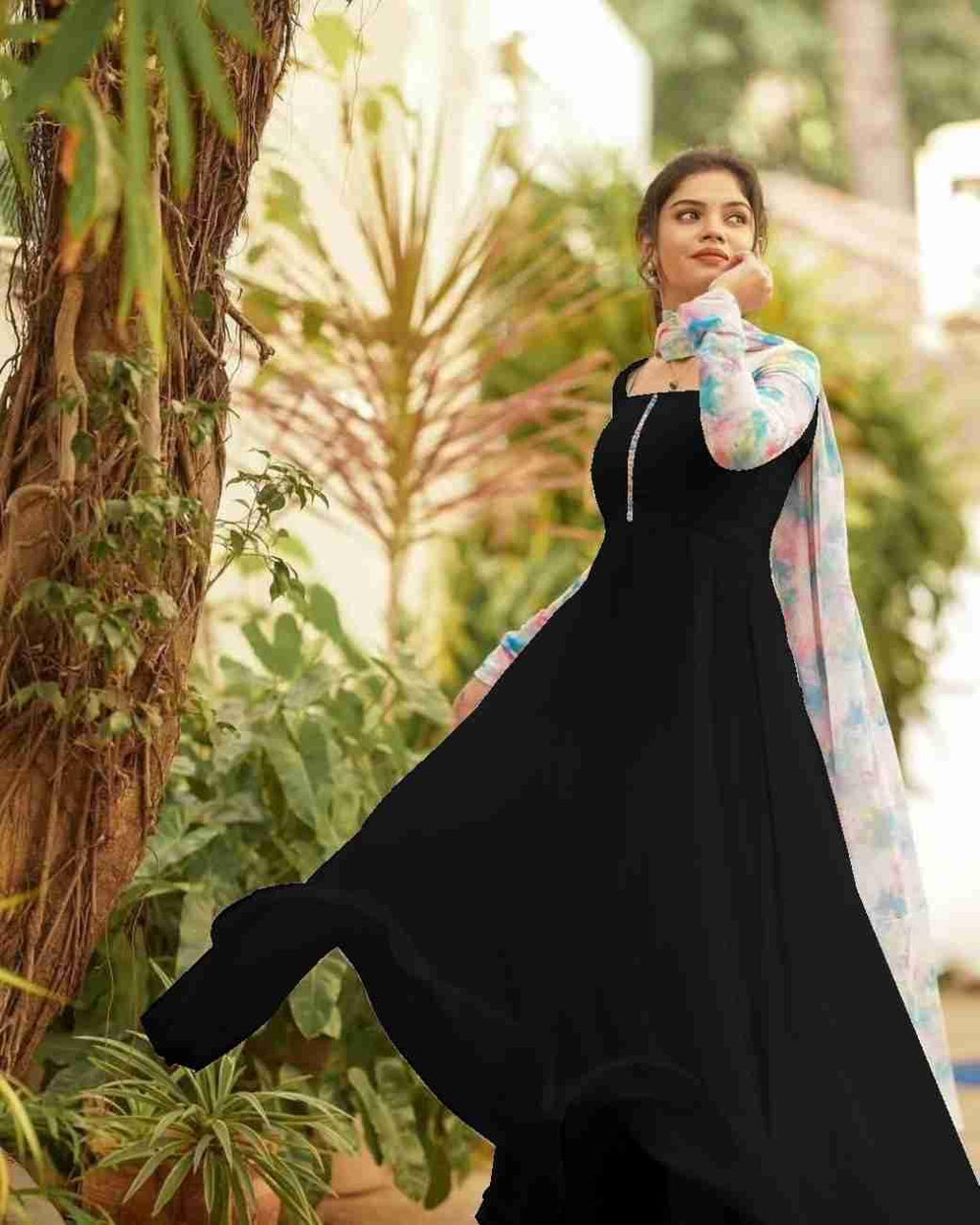 Anveri Textiles WomenS Georgette Gown Dress With Full Sleeve Round Neck Knee Length Solid Pattern And Dupatta | Eyhnic Long Len