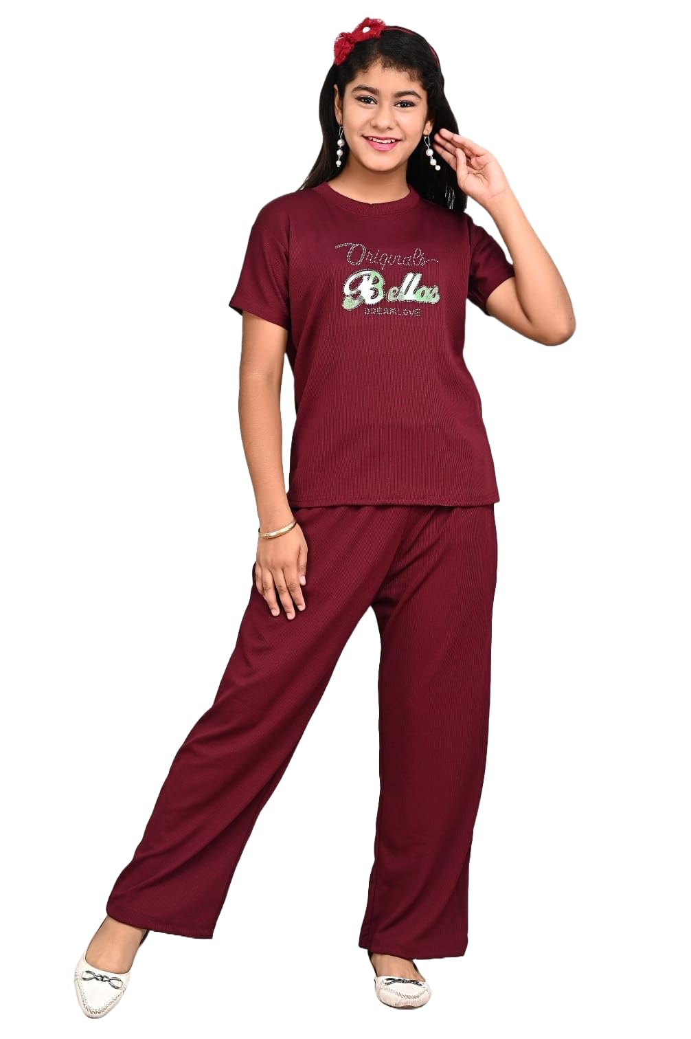 ORIEX THE ORIGINAL FASHION FASHIOFFLY Girls Stretchable Fabric Printed Night Suit125 Maroon 1314Y 13-14