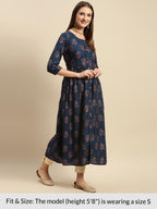 Rangita Navy Rayon Calf Length Printed Flared Kurti For Women | Kurta For Women