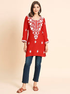 Vairagee WomenS Rayon Straight Cut Round Neck Kurta With Beautiful Lucknowi Chickenkari Work (1594) Red