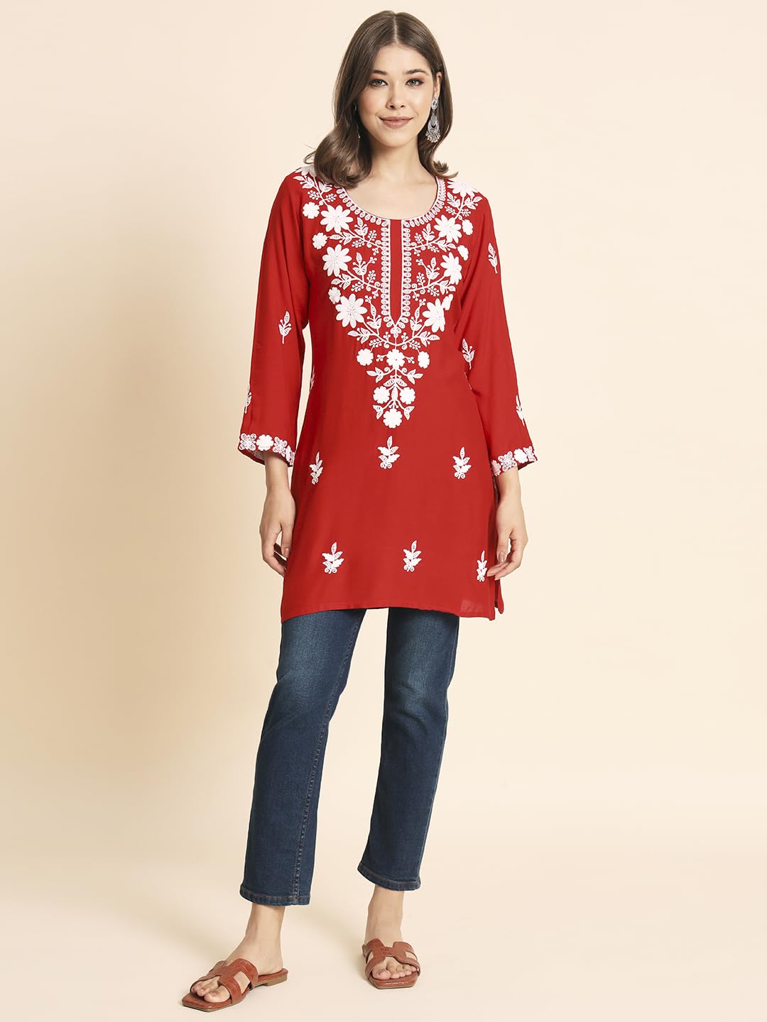 Vairagee WomenS Rayon Straight Cut Round Neck Kurta With Beautiful Lucknowi Chickenkari Work (1594) Red