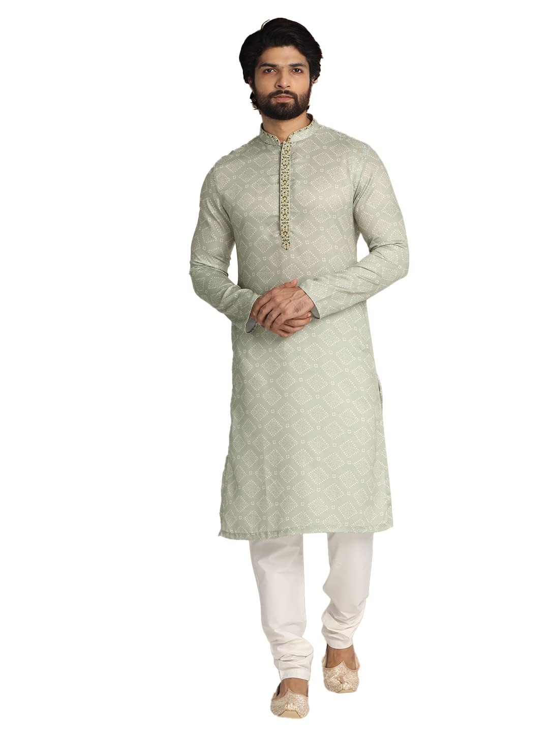 Manyavar MenS Kurta Set, Satin Blend Mandarin Collar Full Sleeve Kurte Set For Men Green (X-Large)