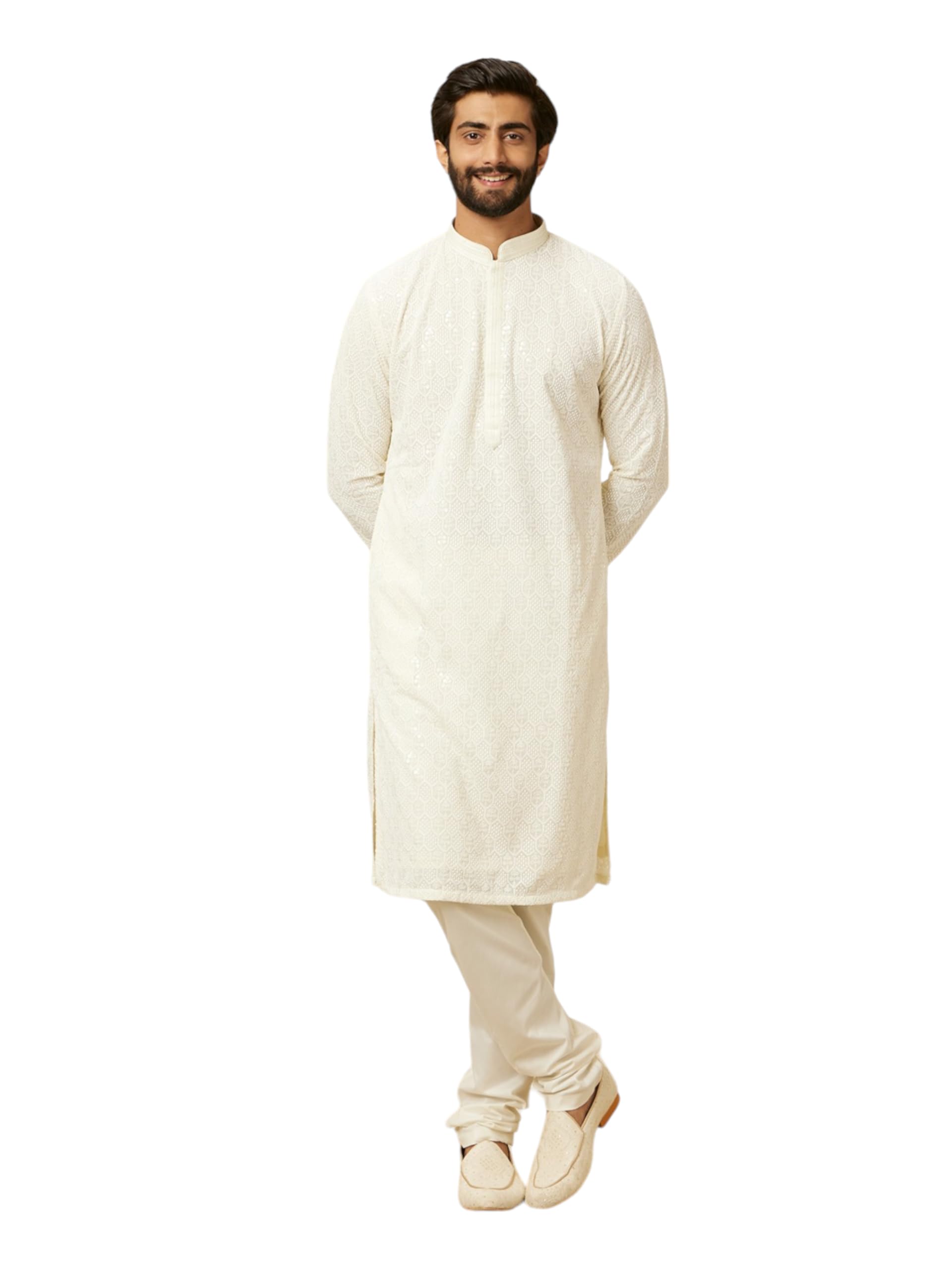 Manyavar Cream Georgette Embroidery | Sequin Work Kurta Churidar Set