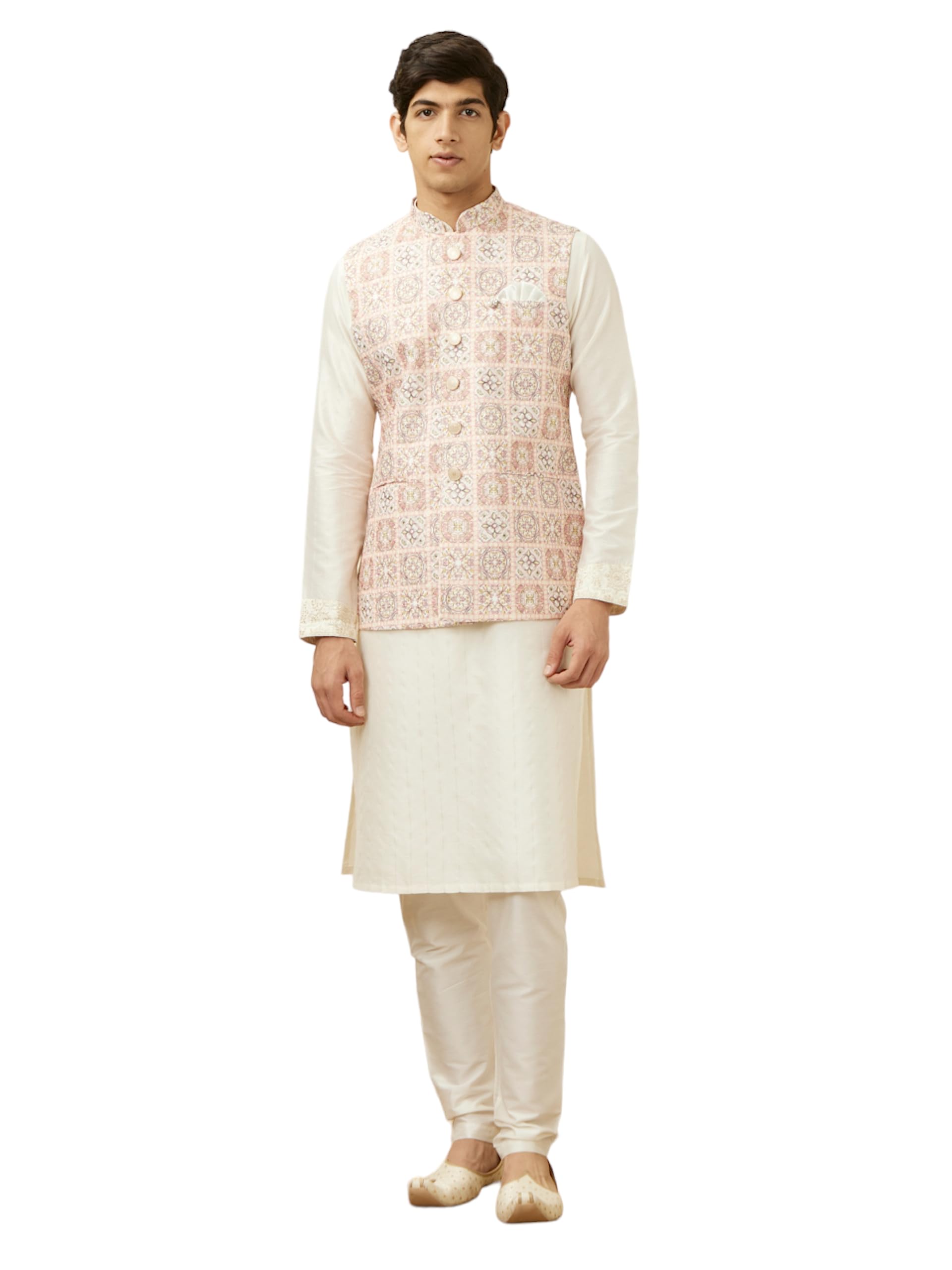 Manyavar Mens Blended Cotton Self Design Sleeveless Casual,Traditional Nehru Jacket (Pink, XXL)