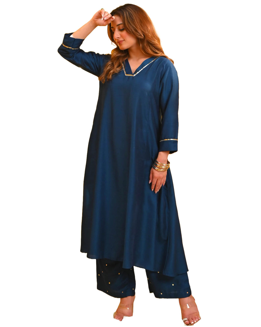 ANNI DESIGNER Womens Rayon Blend Anarkali Solid Kurta with Palazzo (Moroko Kerosin_XL_Blue_X-Large)