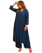 ANNI DESIGNER Womens Rayon Blend Anarkali Solid Kurta with Palazzo (Moroko Kerosin_XL_Blue_X-Large)
