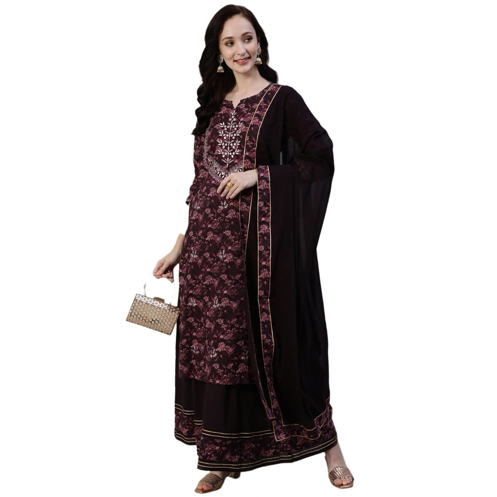 Ishin Women'S Burgundy Embellished A-Line Kurta Set With Sharara And Dupatta