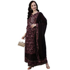 Ishin Women'S Burgundy Embellished A-Line Kurta Set With Sharara And Dupatta