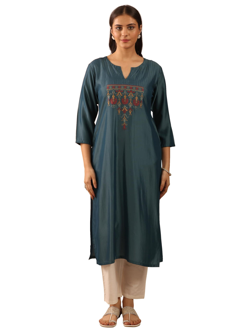 Libas Gerua Embroidered Silk Straight Kurta Grey