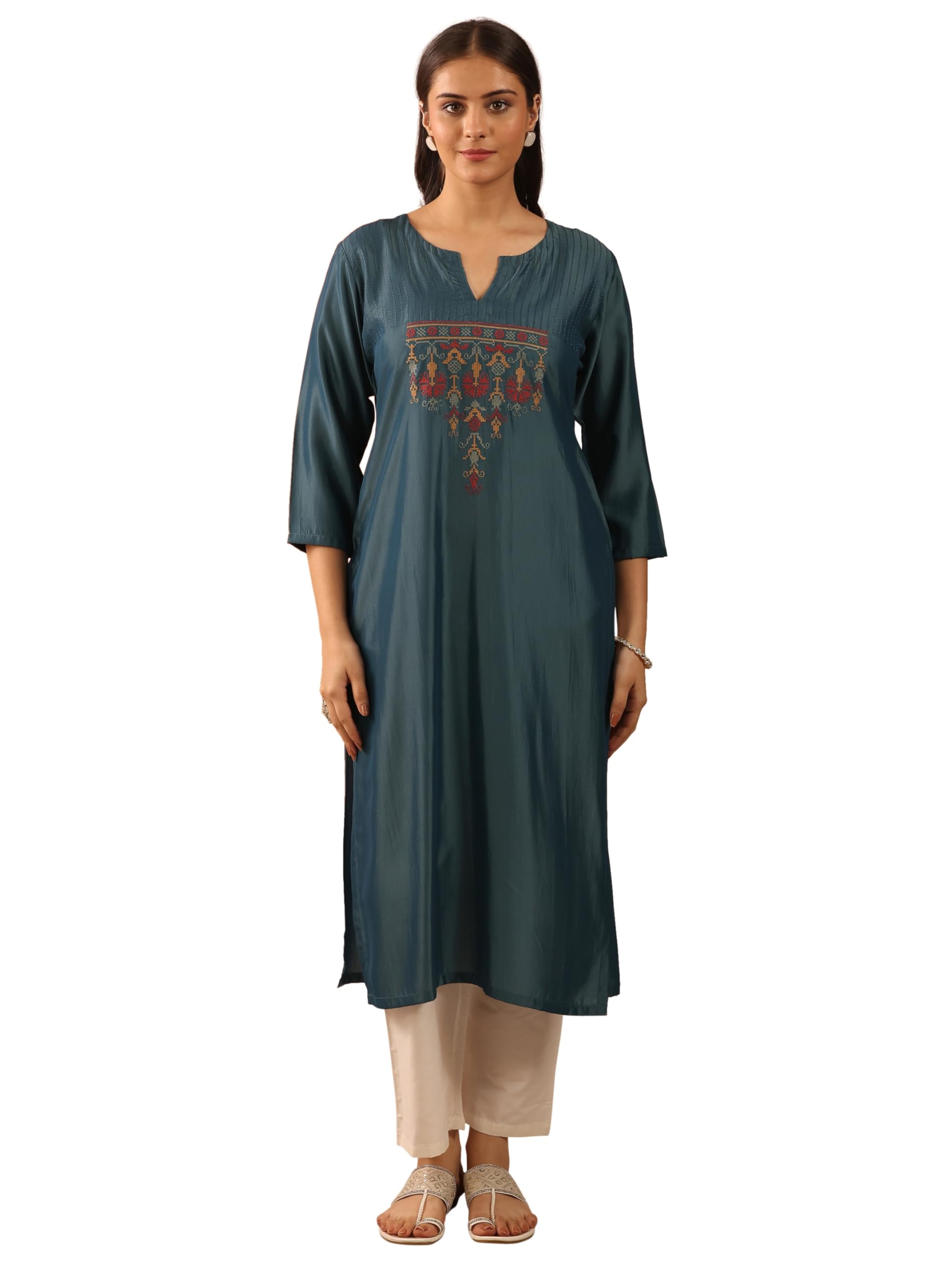 Libas Gerua Embroidered Silk Straight Kurta Grey