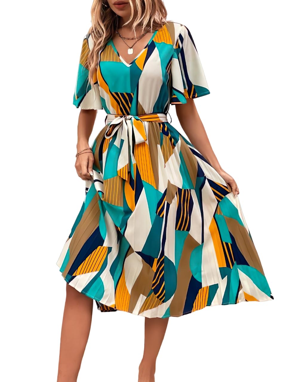 Kzully | Women A-Line Dress With Pleats, Has An V-Neck, Printed Top Comes With A Belt Yellow