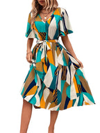 Kzully | Women A-Line Dress With Pleats, Has An V-Neck, Printed Top Comes With A Belt Yellow