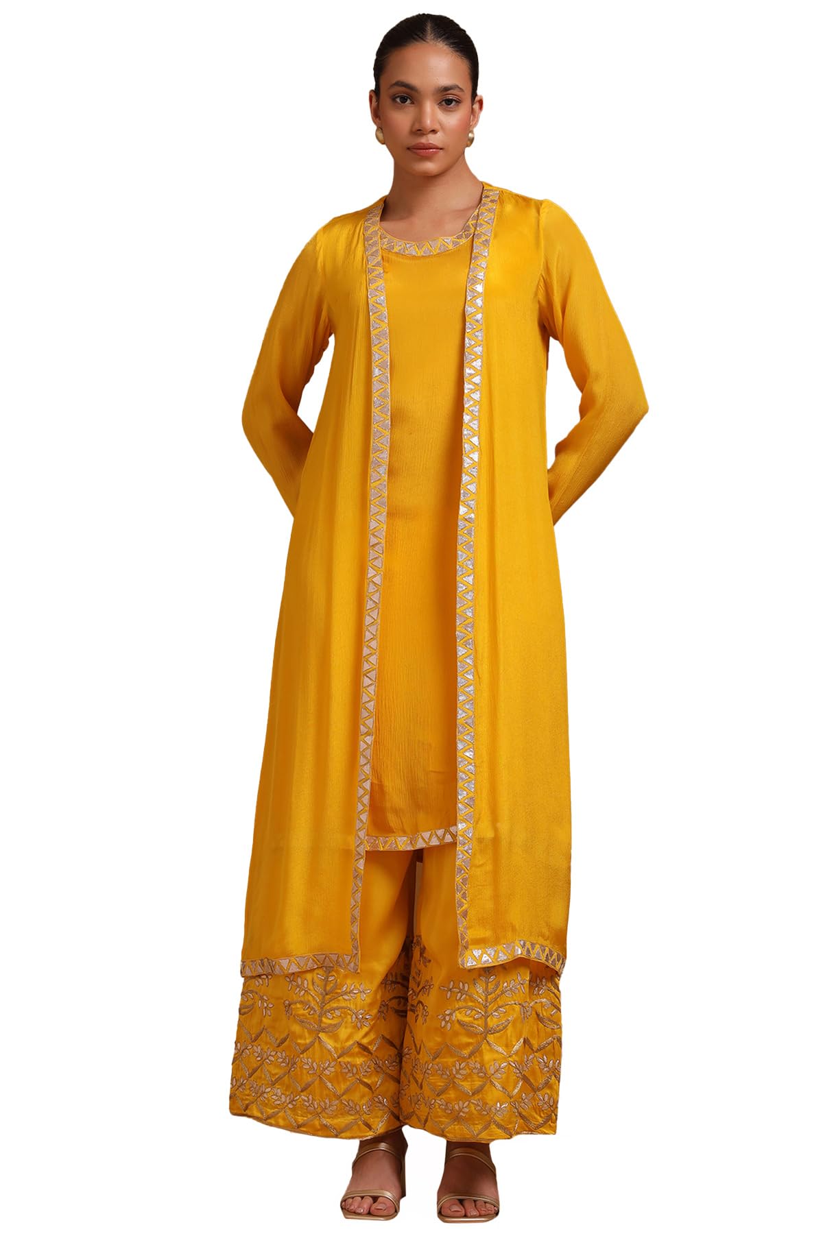 Soch Women Pattern: Solid Fabric: Chiffon Embellishment Type: Zari Package Contains: Kurta Jacket Palazzo