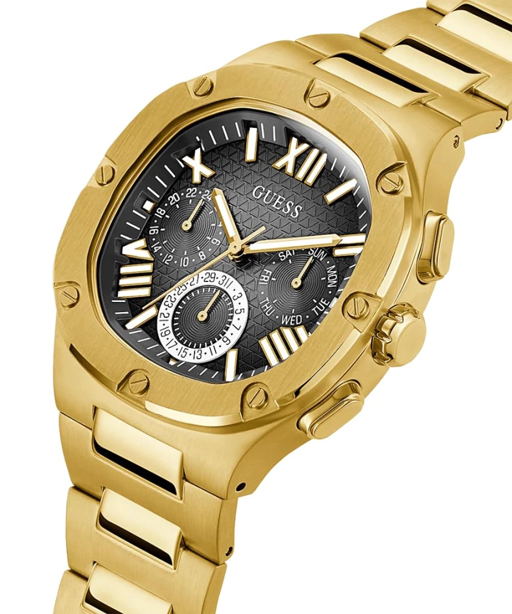 GUESS Men's 42mm Watch - Gold Tone Strap Black Dial Gold Tone Case