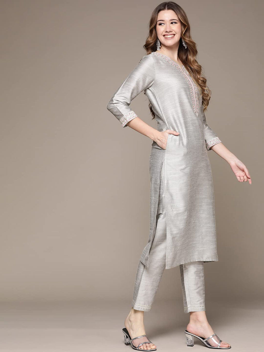 Anubhutee WomenS Cotton Grey Ethnic Motifs Zari Work Embroidered Straight Kurta Suit Set With Trousers