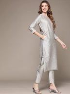 Anubhutee WomenS Cotton Grey Ethnic Motifs Zari Work Embroidered Straight Kurta Suit Set With Trousers
