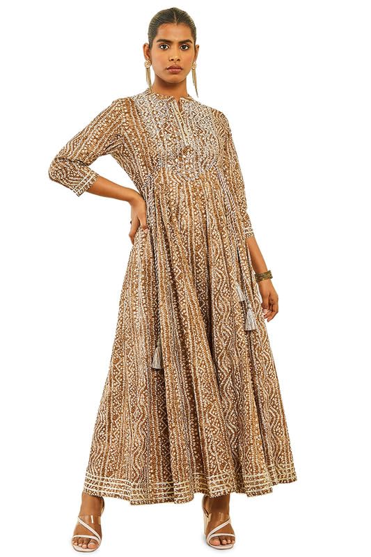 Soch Womens Brown Cotton Bandhani Print Ankle-Length Dress Kurta