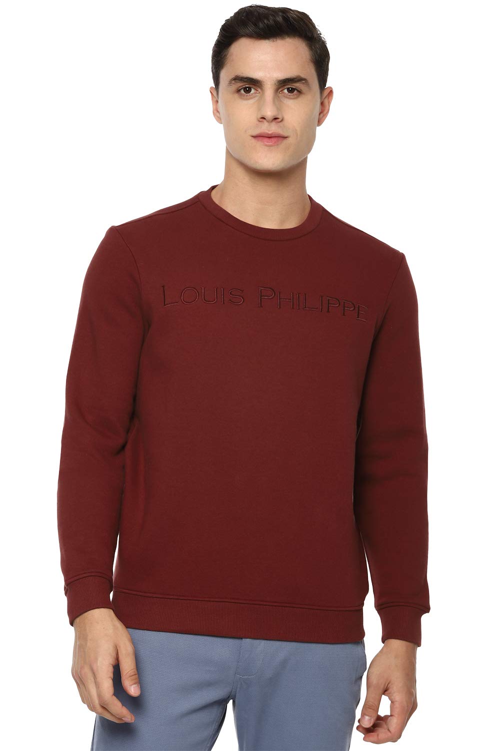 Louis Philippe Cotton Men Casual Maroon Solid Regular Fit Crew Neck Sweatshirt
