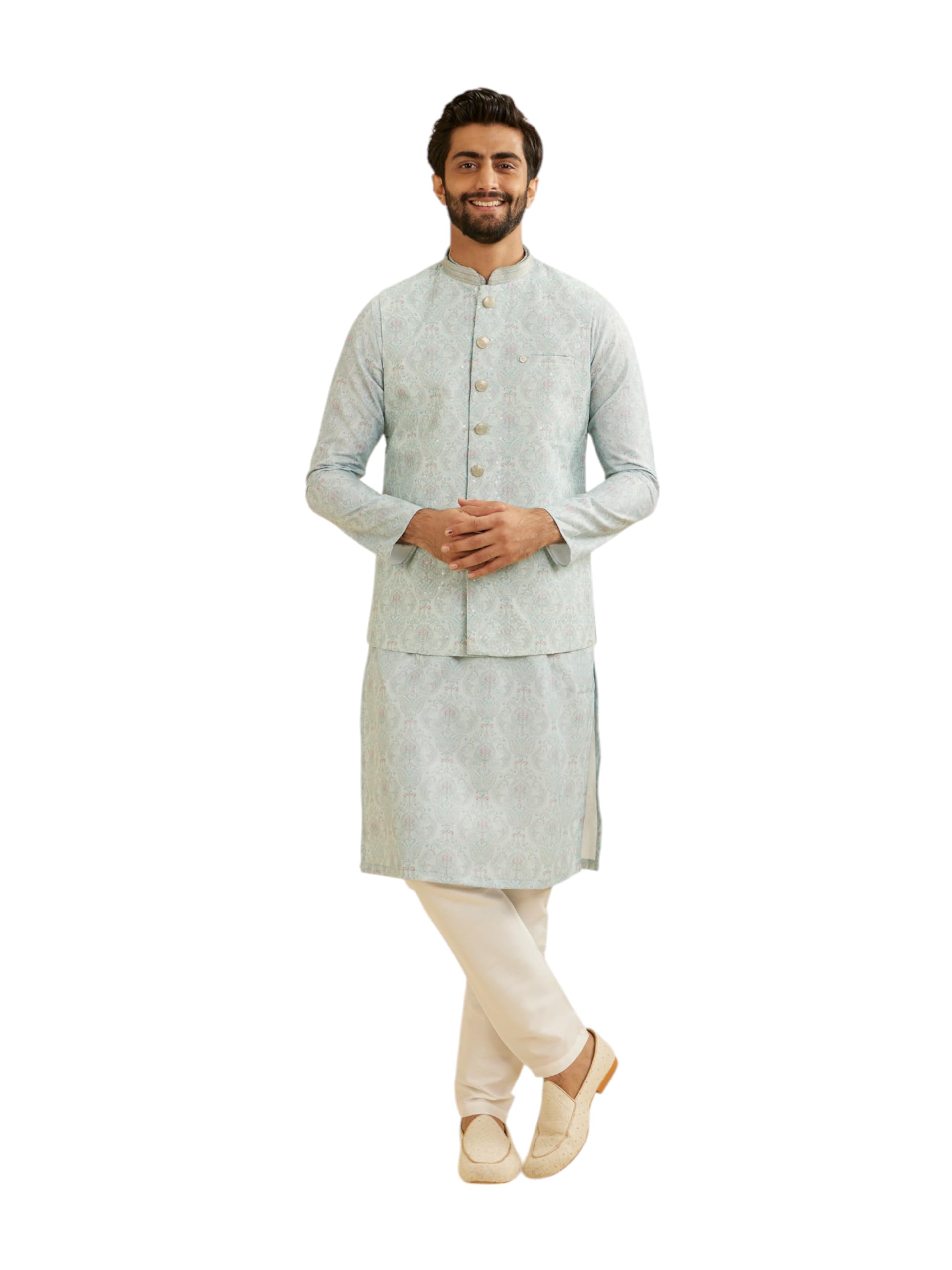 Manyavar MenS Cotton Blend Paisley Print Kurta Jacket Pyjama Set (Green,Xxxl)