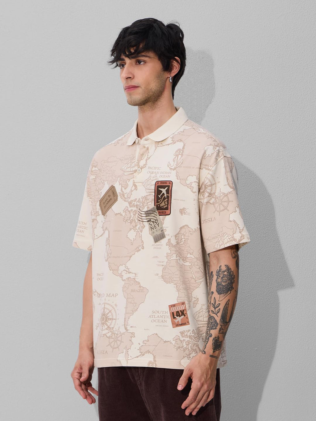 The Souled Store Originals: Travel Badges Men and Boys Short Sleeve Collared Neck White and Yellow Graphic Printed Cotton Oversi
