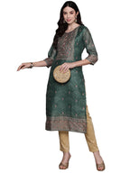 Ishin WomenS Silk Ethnic Motifs Green Straight Kurta