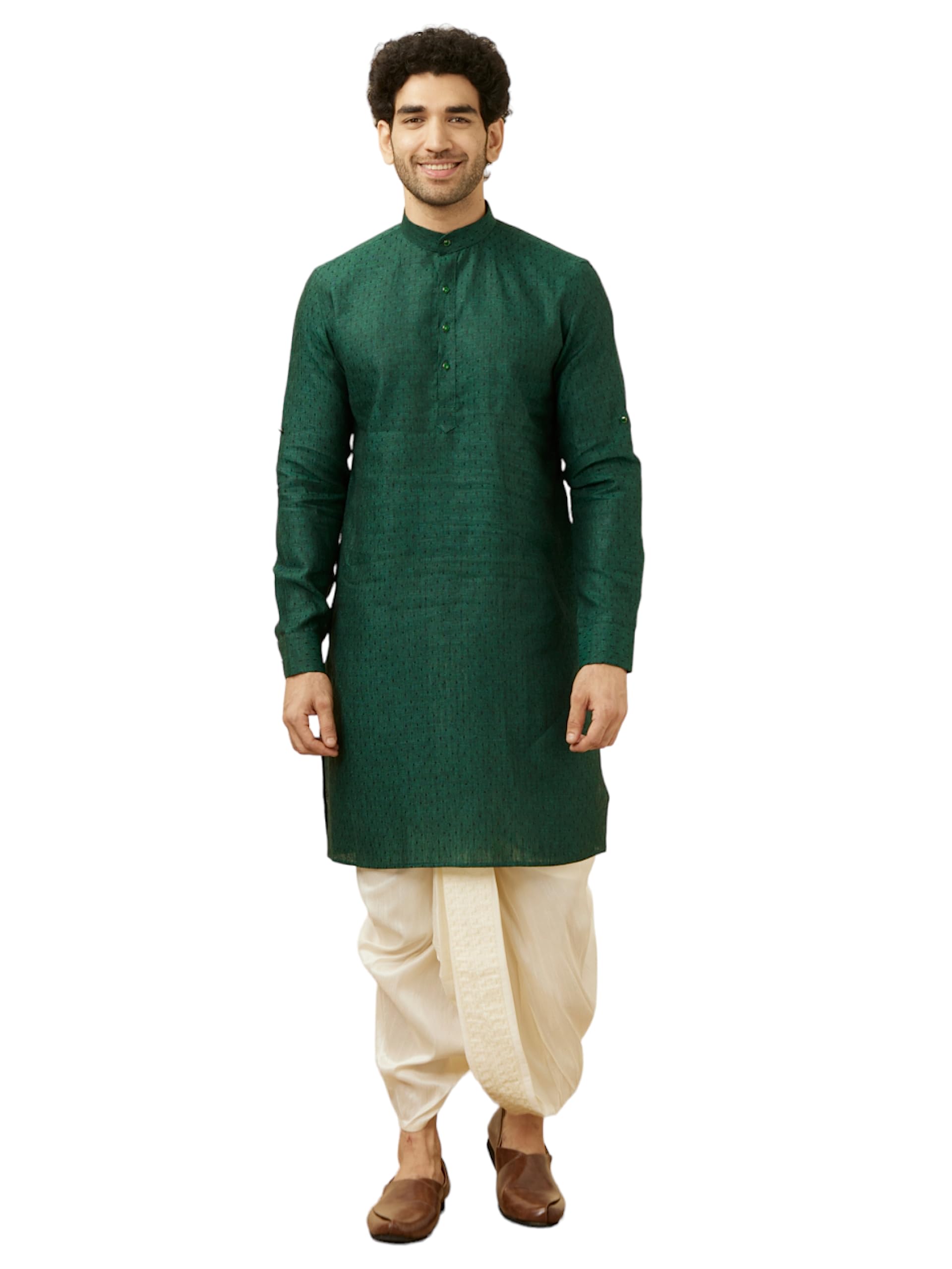 Manyavar MenS Linen Self Design Full Sleeves Casual,Traditional Kurta (Green, Xl)