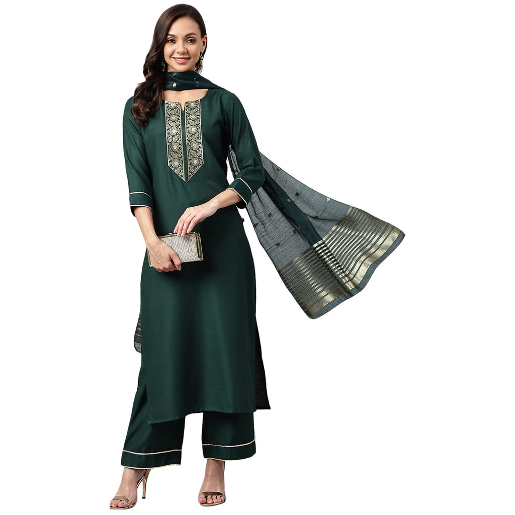 Gosriki Women'S Cotton Blend Straight Solid Kurta With Palazzo & Dupatta (Vtm Green_L-Go_Green_Large)
