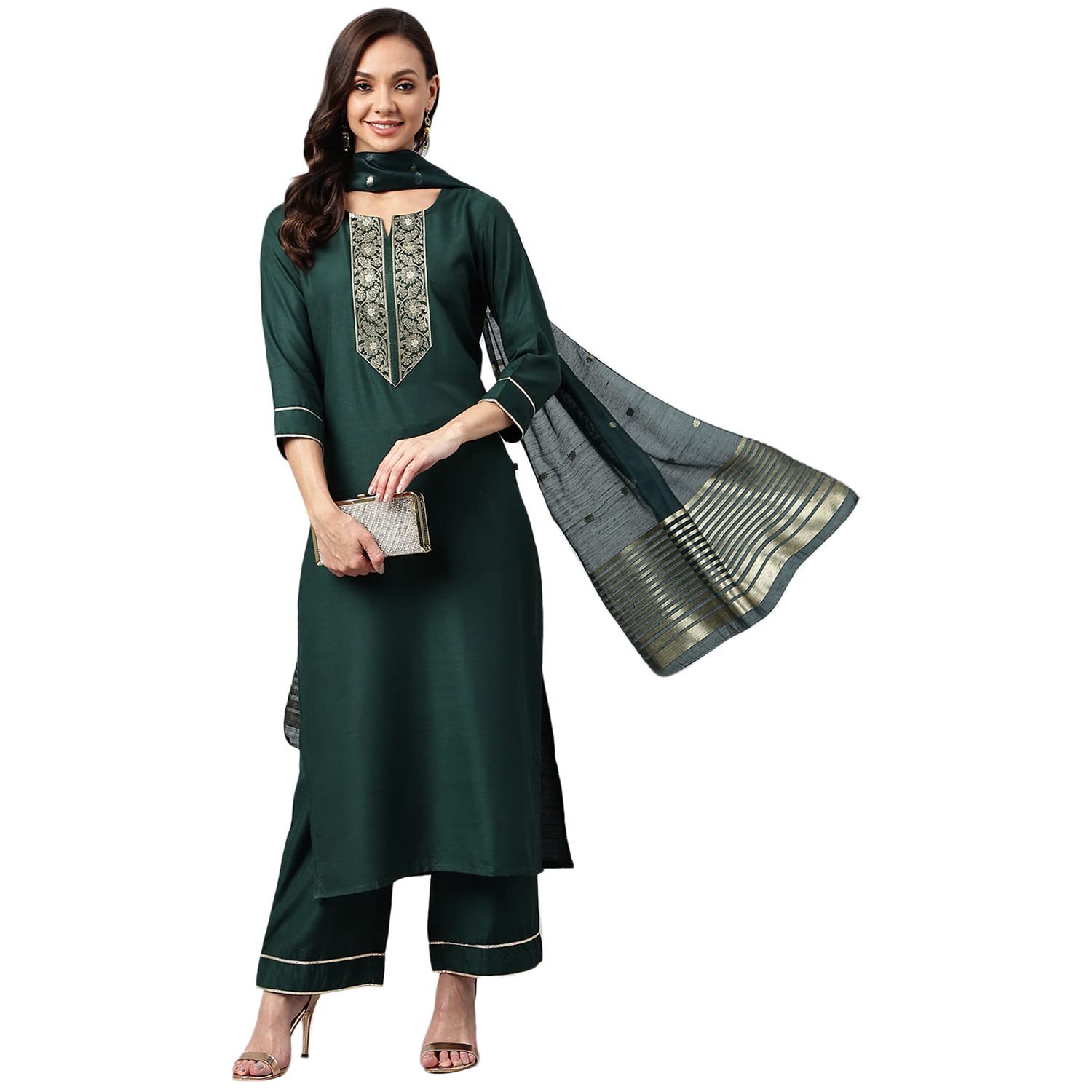 Gosriki Women'S Cotton Blend Straight Solid Kurta With Palazzo & Dupatta (Vtm Green_L-Go_Green_Large)