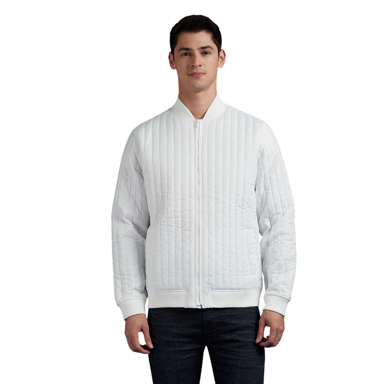 White Embroidered Full Sleeve Quilted Bomber Jacket