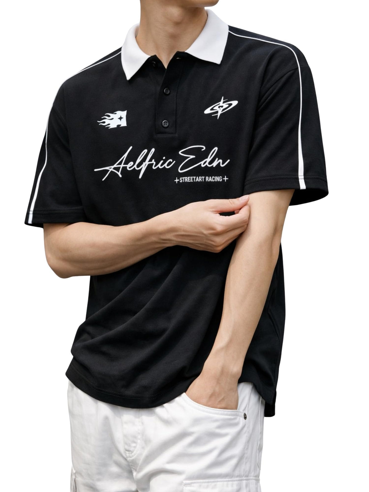Jump Cuts Mens World Str Printed Polo Neck Half Sleeve Black and White Cotton Blend T Shirt 2