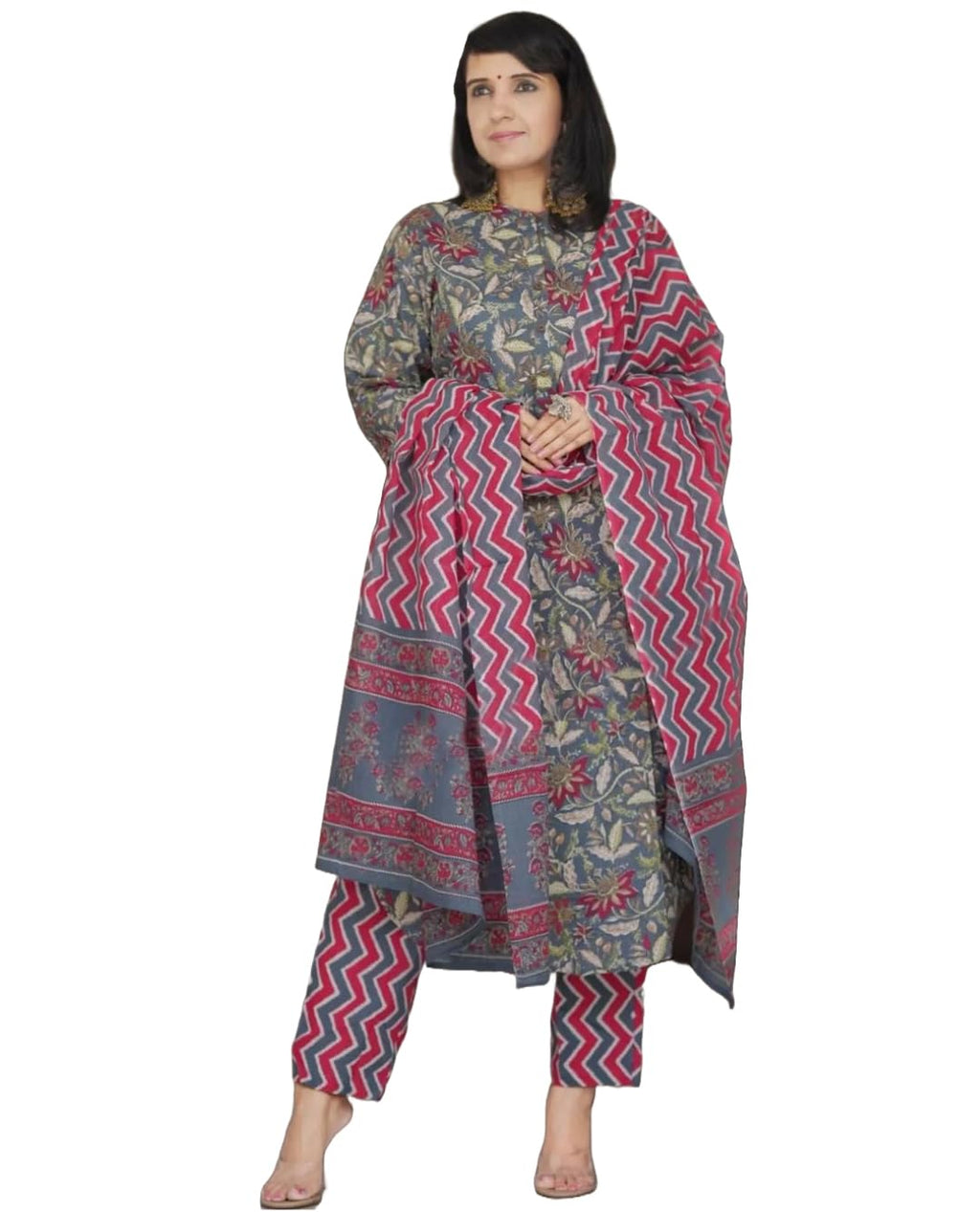 ANNI DESIGNER Womens Rayon Blend Straight Printed Kurta with Pant & Dupatta (Antari Grey_S_Grey_Small)