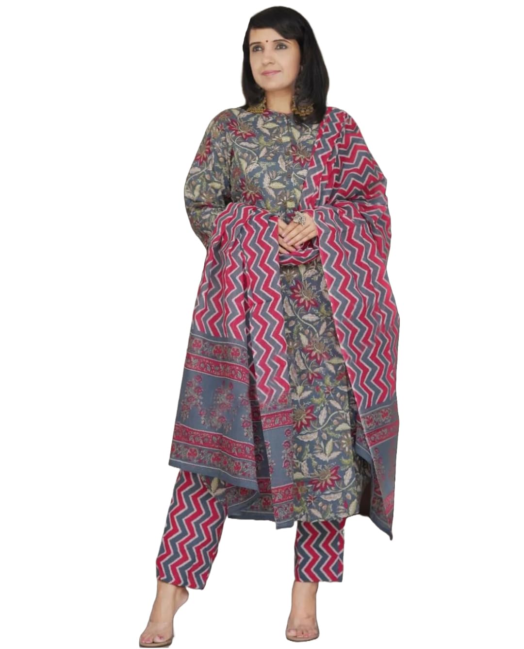 ANNI DESIGNER Womens Rayon Blend Straight Printed Kurta with Pant & Dupatta (Antari Grey_S_Grey_Small)