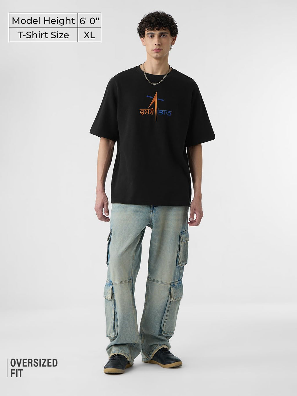 The Souled Store ISRO: Space Explorer Men and Boys Short Sleeves Round Neck Black Embroidered Cotton Oversized T-Shirts