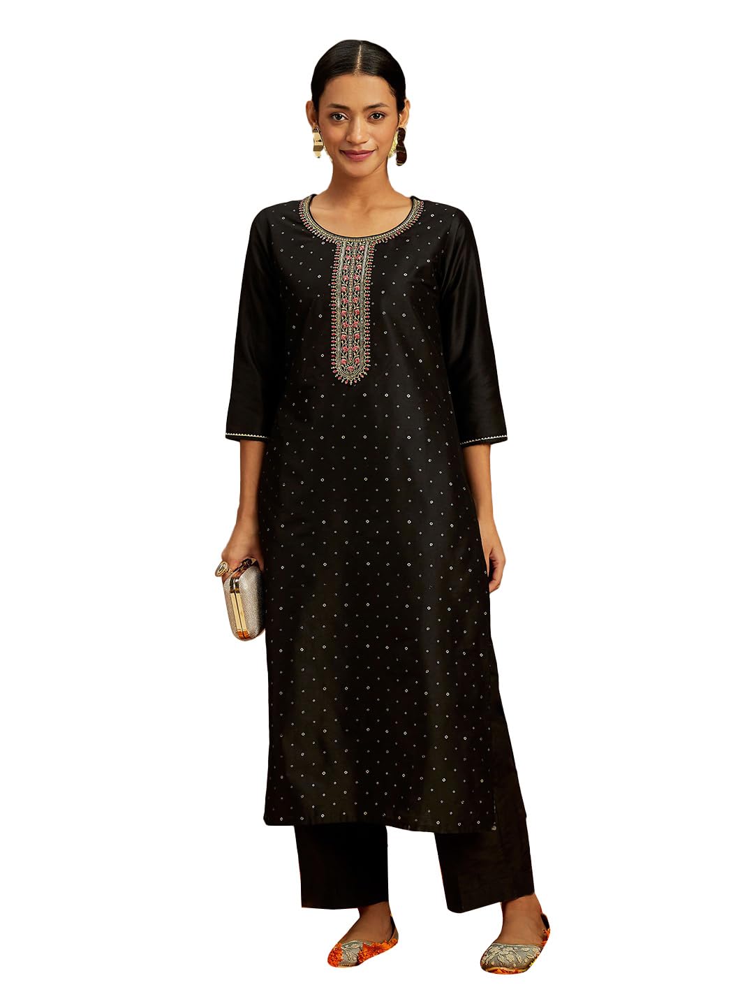 Libas WomenS Silk Embellished Straight Kurta (58012_Black